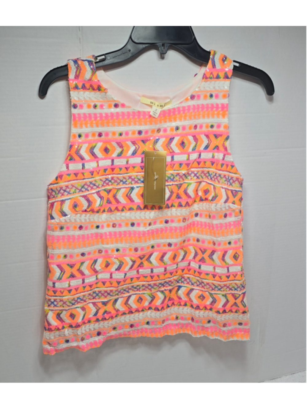 Women's mi ami Sequin Tank Top Size S Orange Pink Geometric Pattern
